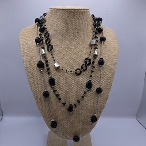 Vintage Mix Media Black and Silvertone Triple-strand Necklace